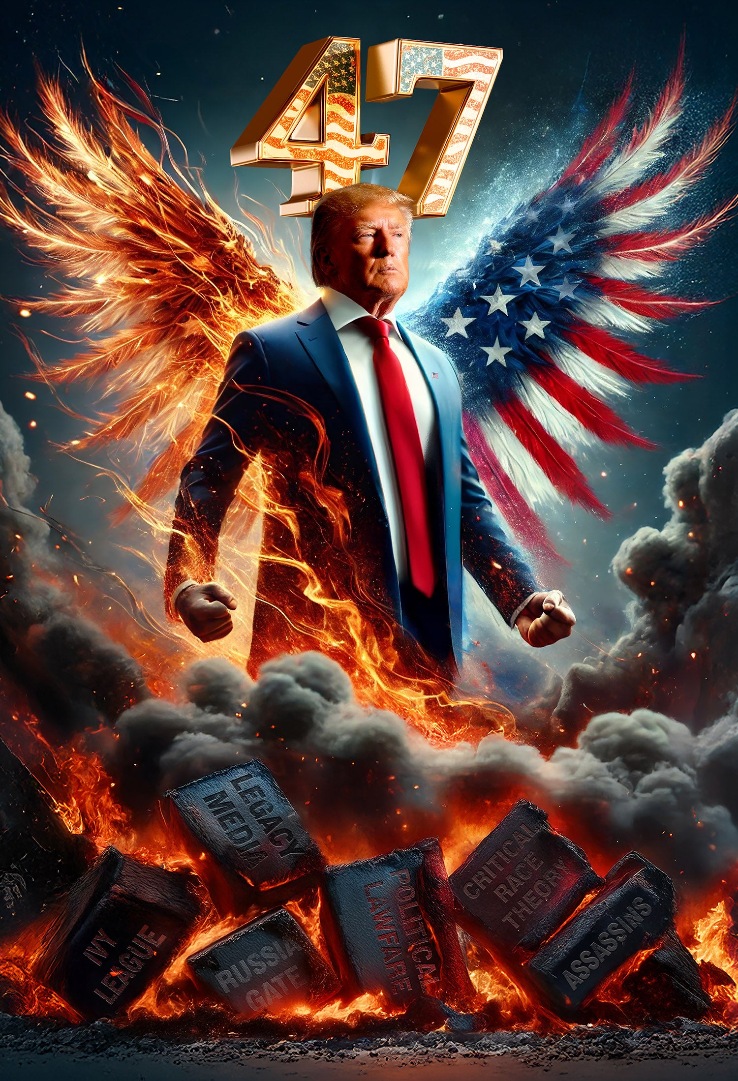 Rise of 47 - A fiery Depiction Donald J. Trump's political resurrection and victory in the 2024 Presidential election.